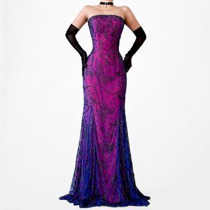 Vintage Purple Blue Strapless Floral Beaded Mesh Maxi Bodycon Prom Dress Size L